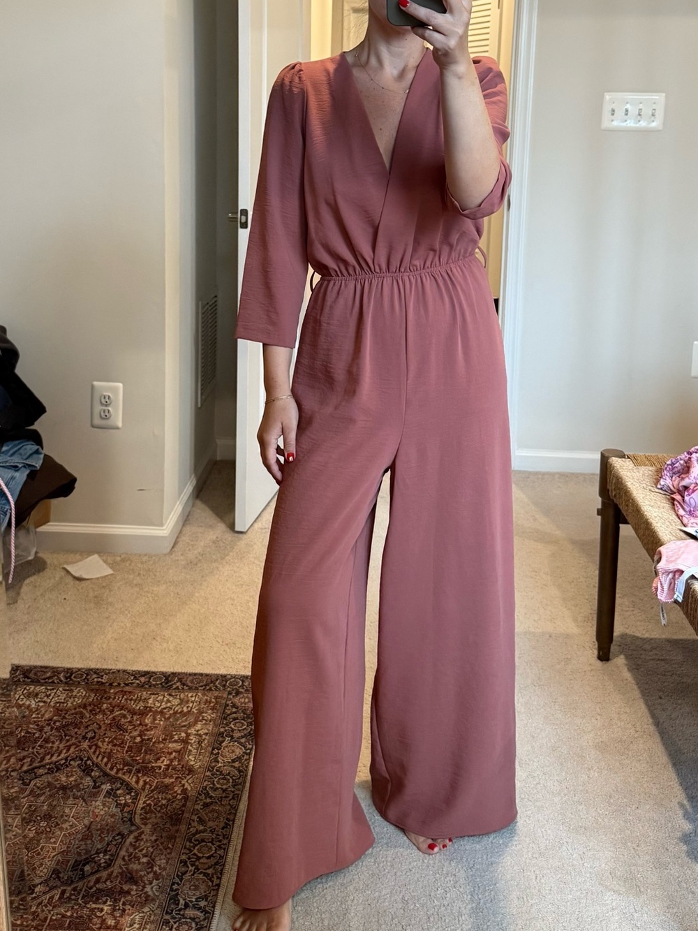 Zara Rose-Mauve V-Neck Long Sleeve Jumpsuit